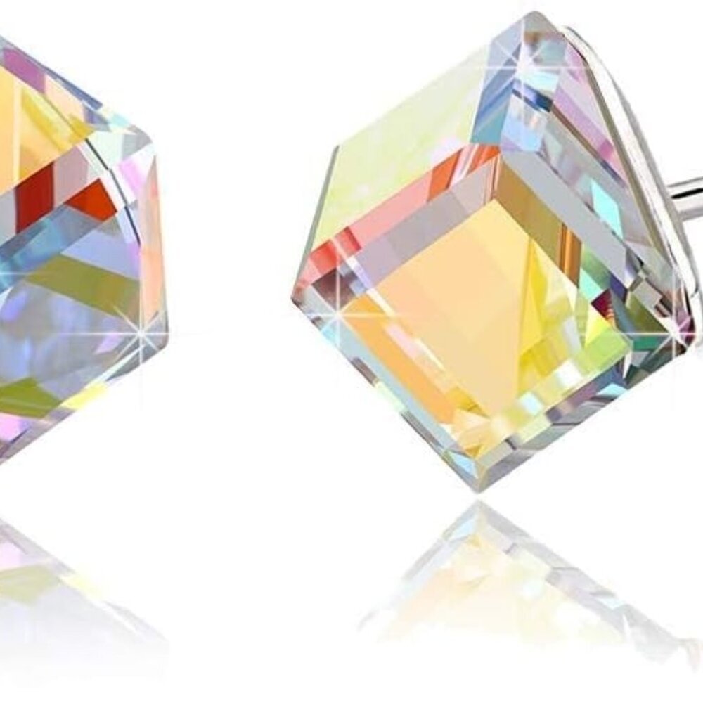 Cube Austrian Crystal Drop Stud Earrings for Women Fashion S925 Sterling Silver